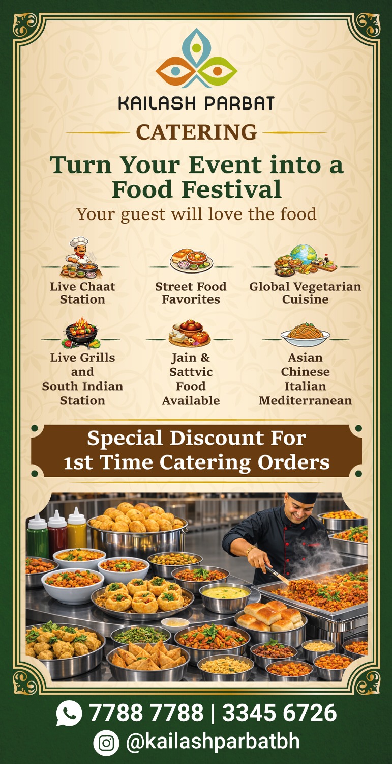 Kailash Parbat Bahrain Catering — live chaat stations, BBQ grills, Jain & Sattvic, global vegetarian cuisine